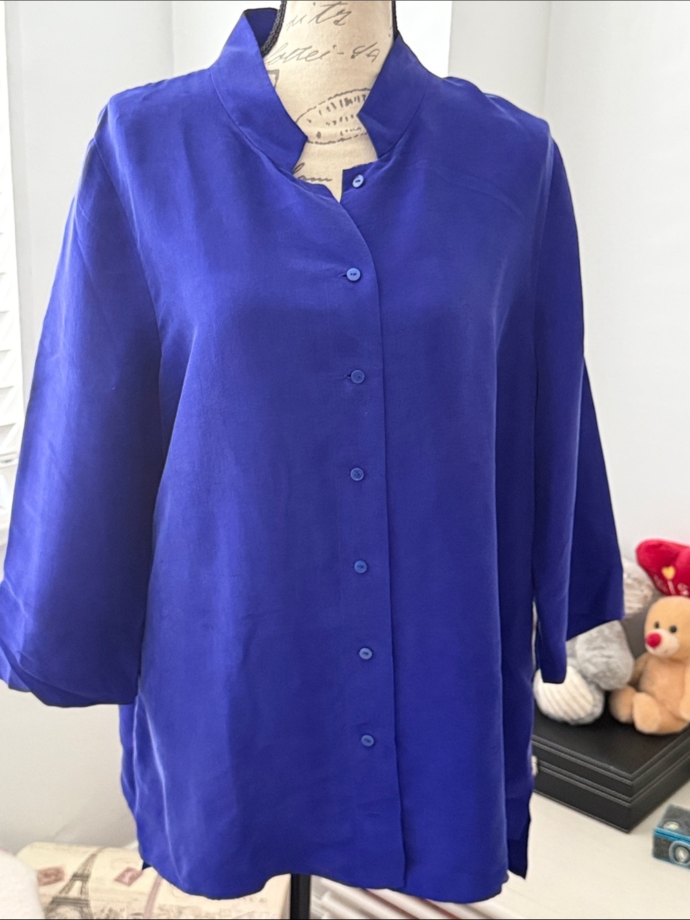Eileen Fisher Royal Blue Mandarin-Collar Button-Down